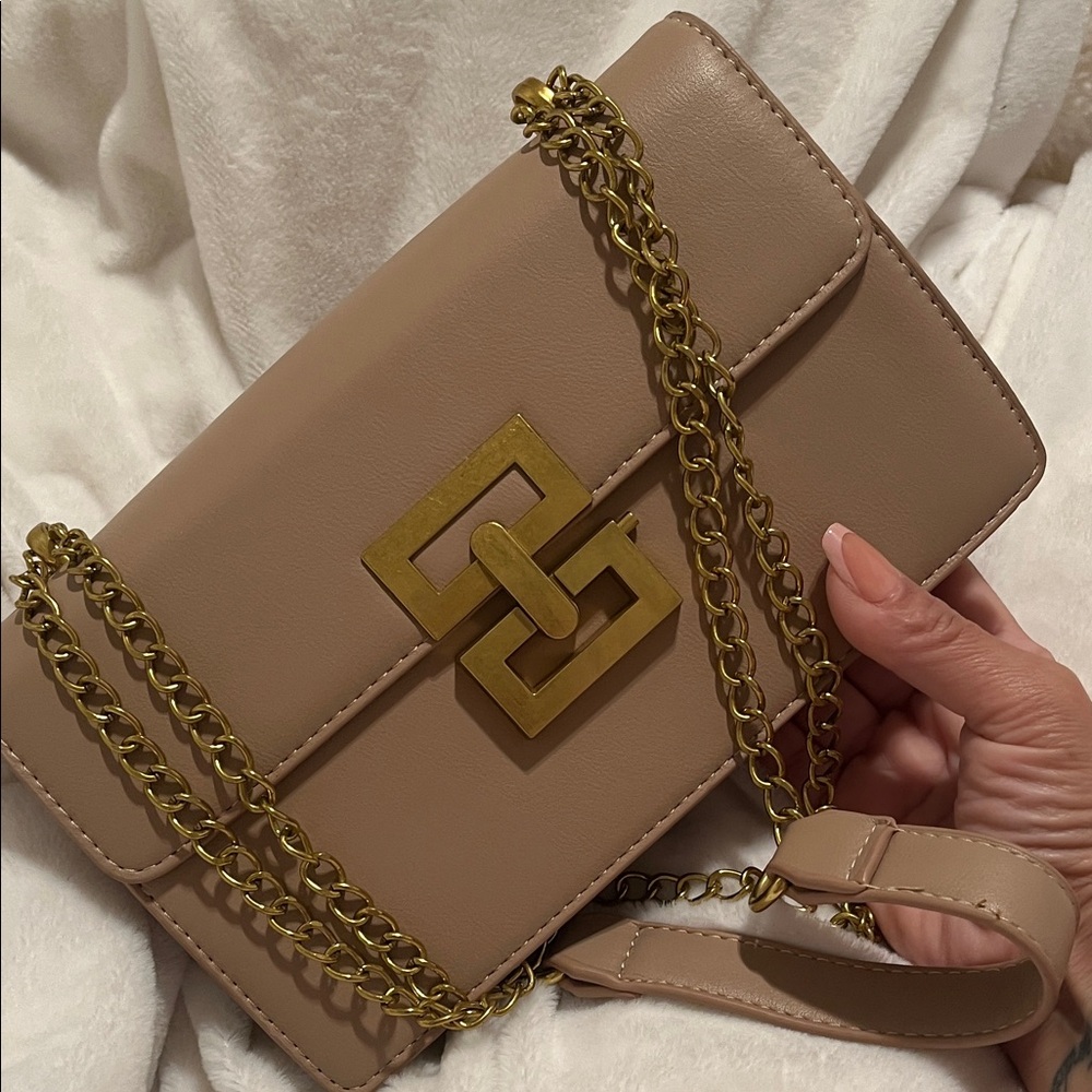 Taupe Chain Shoulder Bag with Gold Hardware